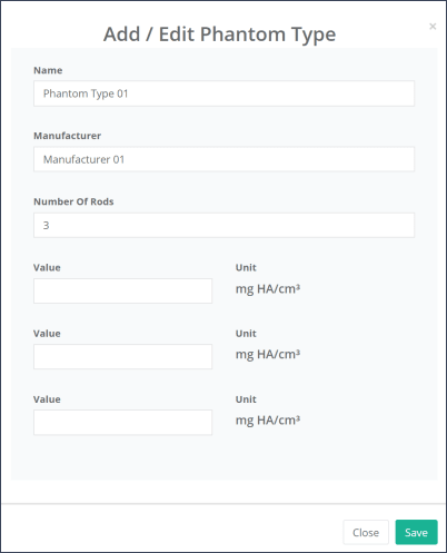 Figure 5 - Entering values for each phantom rod